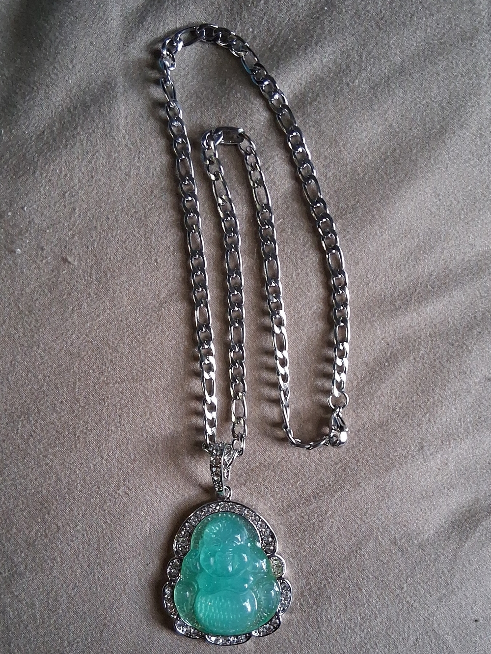 Silver Chain Necklace with Green Jade Buddha Pendant